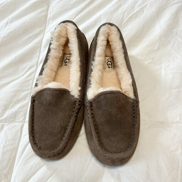 NWOB UGG Ansley Espresso Suede Shearling Moccasin Slippers Women’s Size 6 - Picture 6 of 10